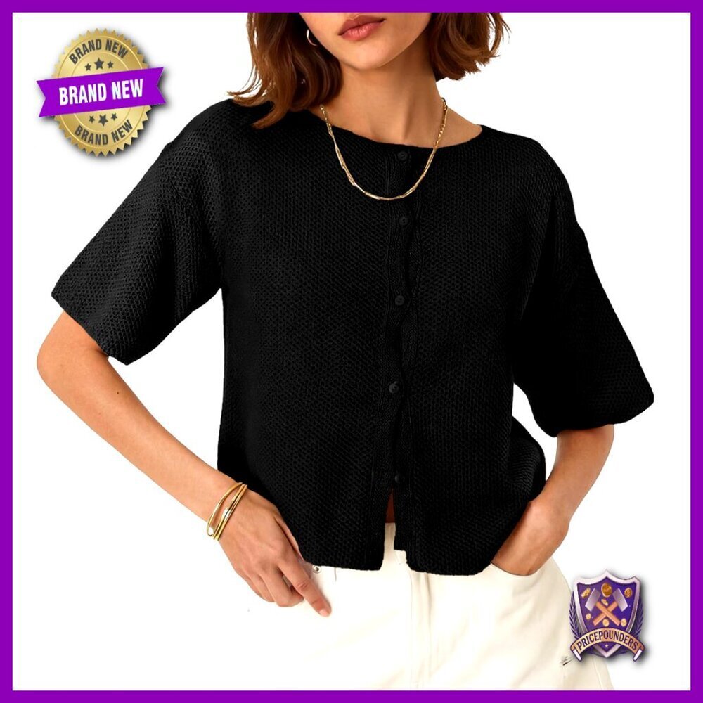 Short Sleeve Cardigan Lightweight Waffle Knit Button Down Loose Fit Summer Top